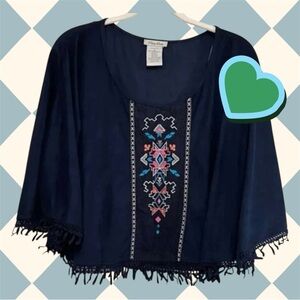 Flying Tomato Crochet Trim Embroidered Navy Poncho Cape‎ Top Medium